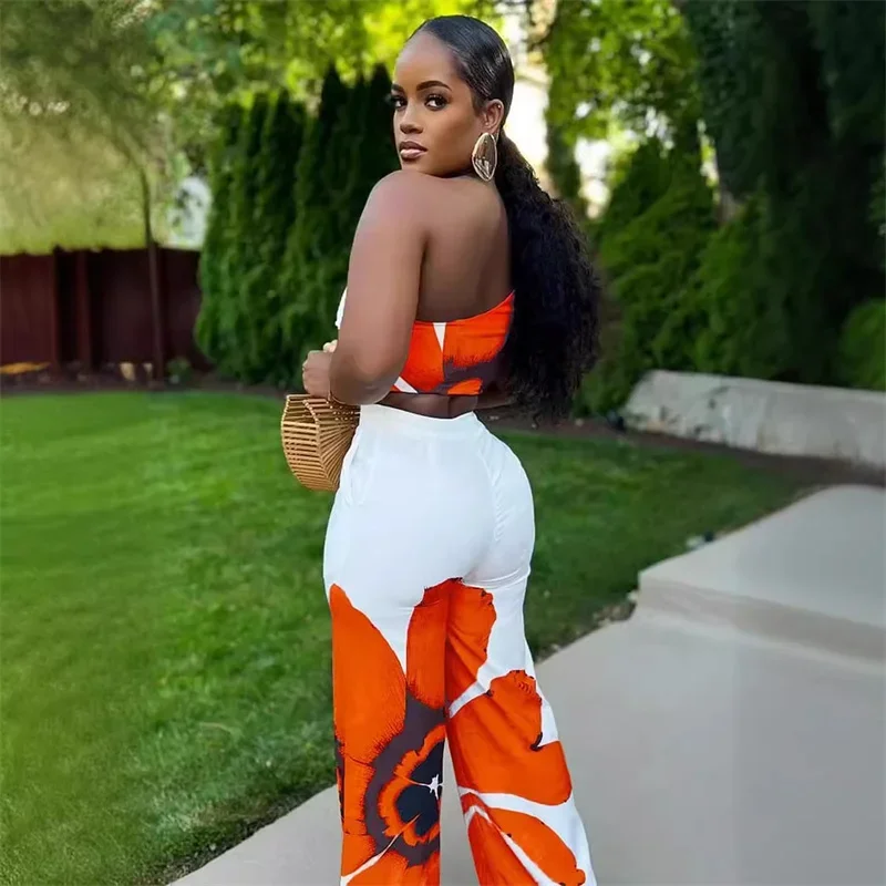 Floral Print Summer Two Piece Set Women Holiday One Shoulder Crop Top and Loose Wide Leg Pants Matching Sets Outfits Vacation - AliExpress 200000345 - Image 2