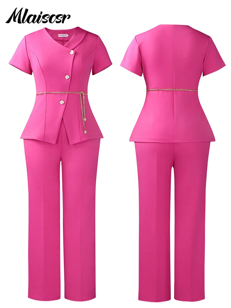 Mlaiscsr Short Sleeve V-Neck Jacket Coat and Straight-leg Pants 2 Pieces Set for Woman Elegant Office Blazer Suits Female Outfit - Image 5