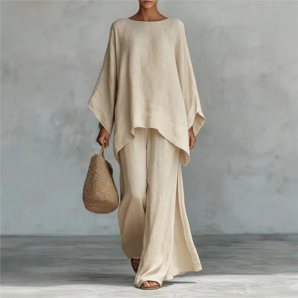 Fashion Linen Loose Long-sleeved Wide-leg Trousers 2-piece Set Women Spring New Casual Retro Elegant Female Simple Trousers Suit - AliExpress