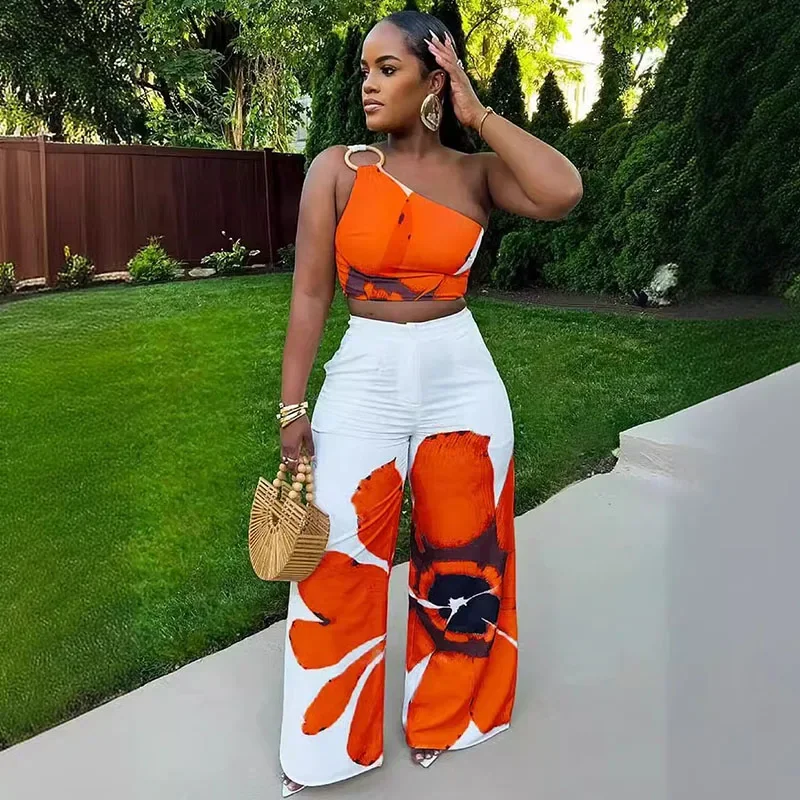 Floral Print Summer Two Piece Set Women Holiday One Shoulder Crop Top and Loose Wide Leg Pants Matching Sets Outfits Vacation - AliExpress 200000345