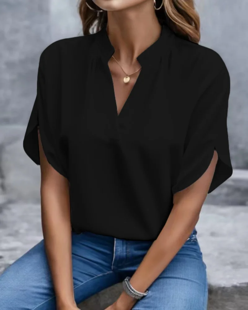 V Neck Short Sleeve Loose Blouse Women Casual Solid Color Top Office Lady Elegant Summer Shirt Plus Size Pullover Tops - AliExpress - Image 5