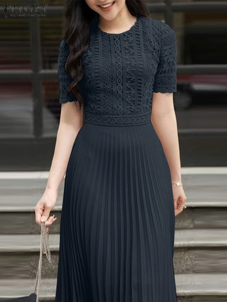 ZANZEA Elegant Summer Short Sleeve Pleated Party Sundress Fashion Women Lace Patchwork Dresses 2025 Stylish Work OL Vestidos - Image 3