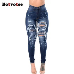 Botvotee Ripped Skinny High Waisted Pencil Jeans for Women Casual Y2K Streetwear Denim Pants Dark Blue Elastic Jeans Woman - AliExpress 200000345