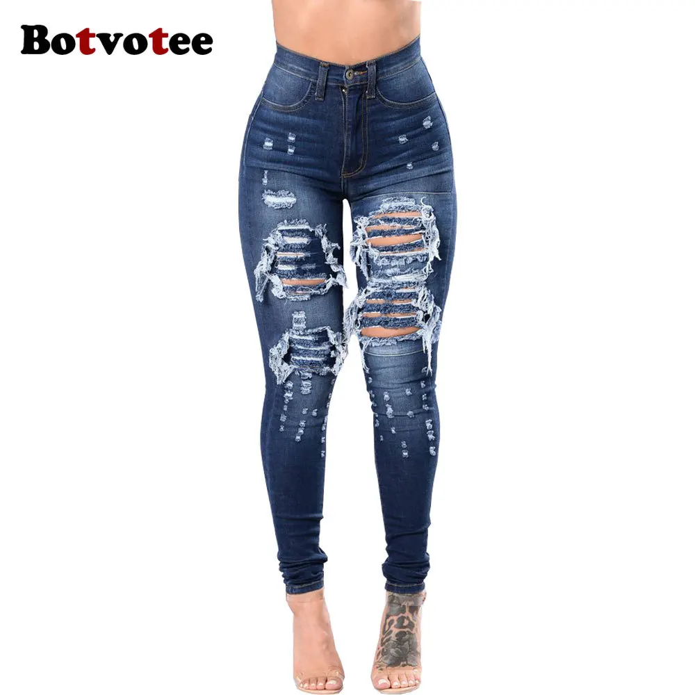 Botvotee Ripped Skinny High Waisted Pencil Jeans for Women Casual Y2K Streetwear Denim Pants Dark Blue Elastic Jeans Woman - AliExpress 200000345