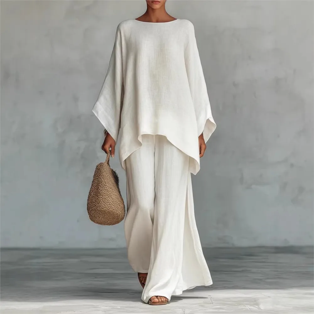 Fashion Linen Loose Long-sleeved Wide-leg Trousers 2-piece Set Women Spring New Casual Retro Elegant Female Simple Trousers Suit - AliExpress - Image 2