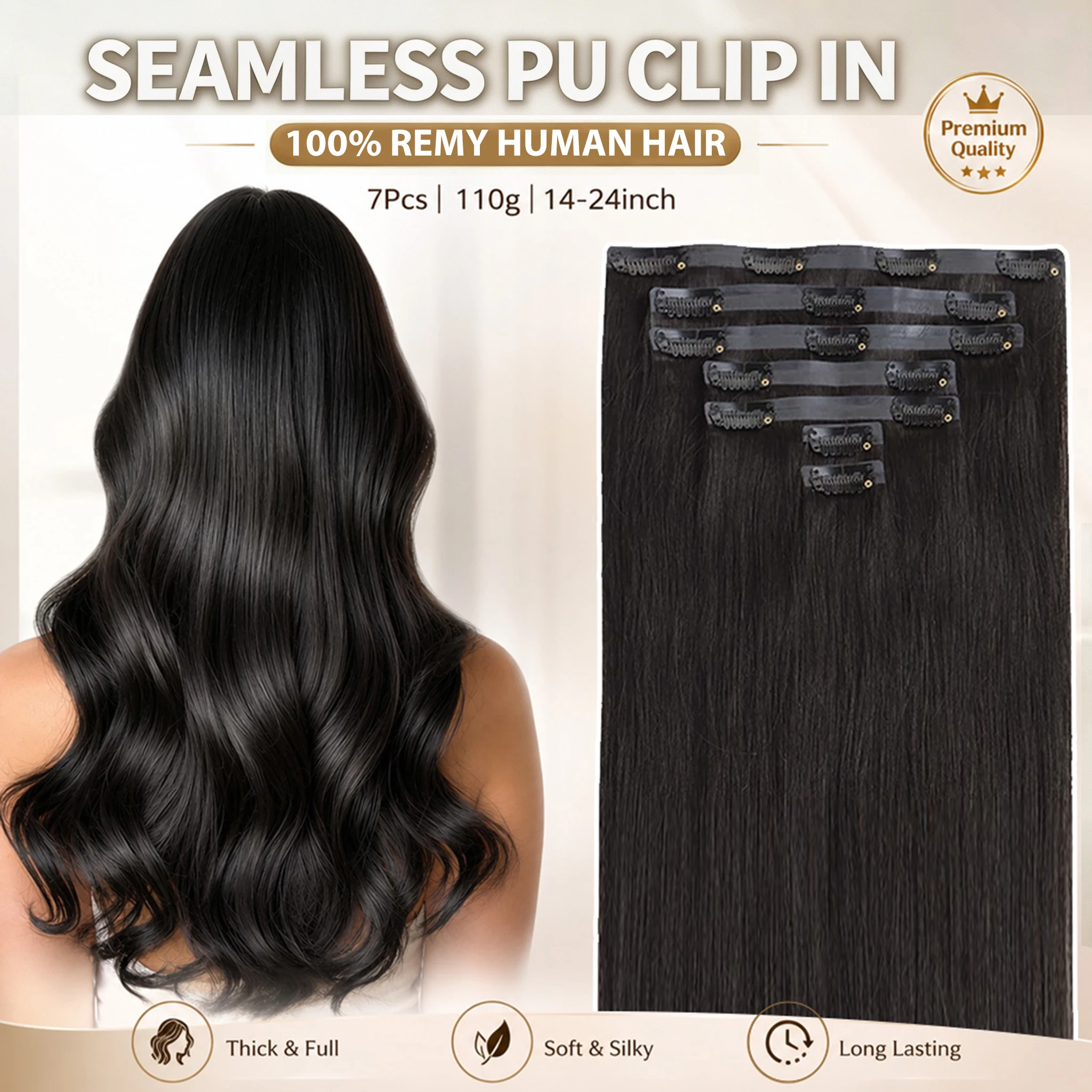Invisible Seamless Clip-In Hair Extensions | Straight Human Hair | 110g