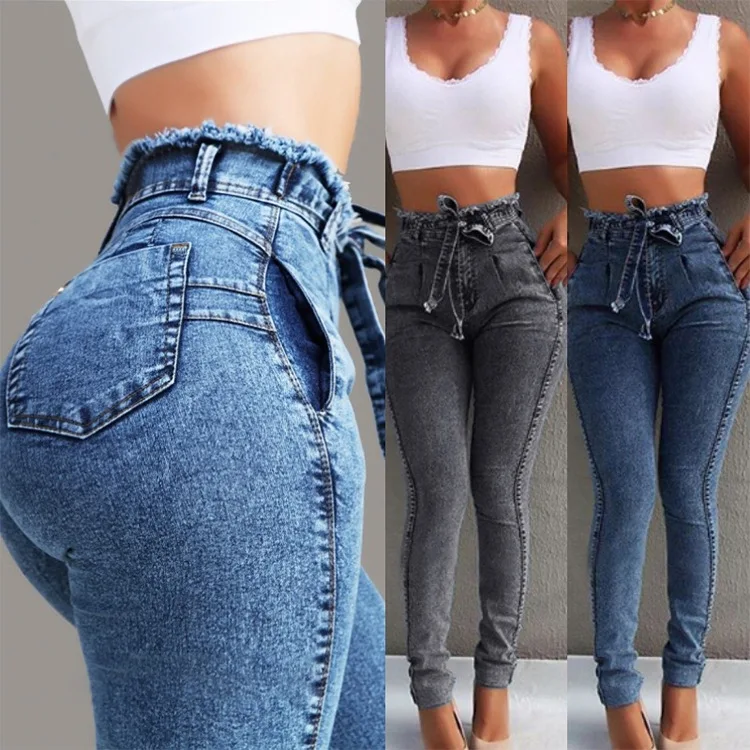 High Waist Jeans For Women Slim Stretch Denim Jean Bodycon Tassel Belt Bandage Skinny Push Up Jeans Woman clothe 4XL 5XL - AliExpress