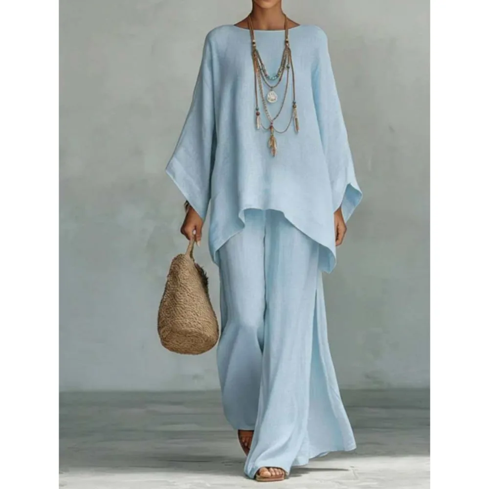Fashion Linen Loose Long-sleeved Wide-leg Trousers 2-piece Set Women Spring New Casual Retro Elegant Female Simple Trousers Suit - AliExpress - Image 5