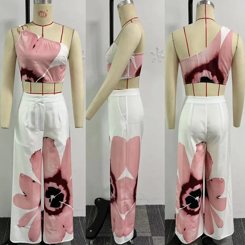 Floral Print Summer Two Piece Set Women Holiday One Shoulder Crop Top and Loose Wide Leg Pants Matching Sets Outfits Vacation - AliExpress 200000345 - Image 6