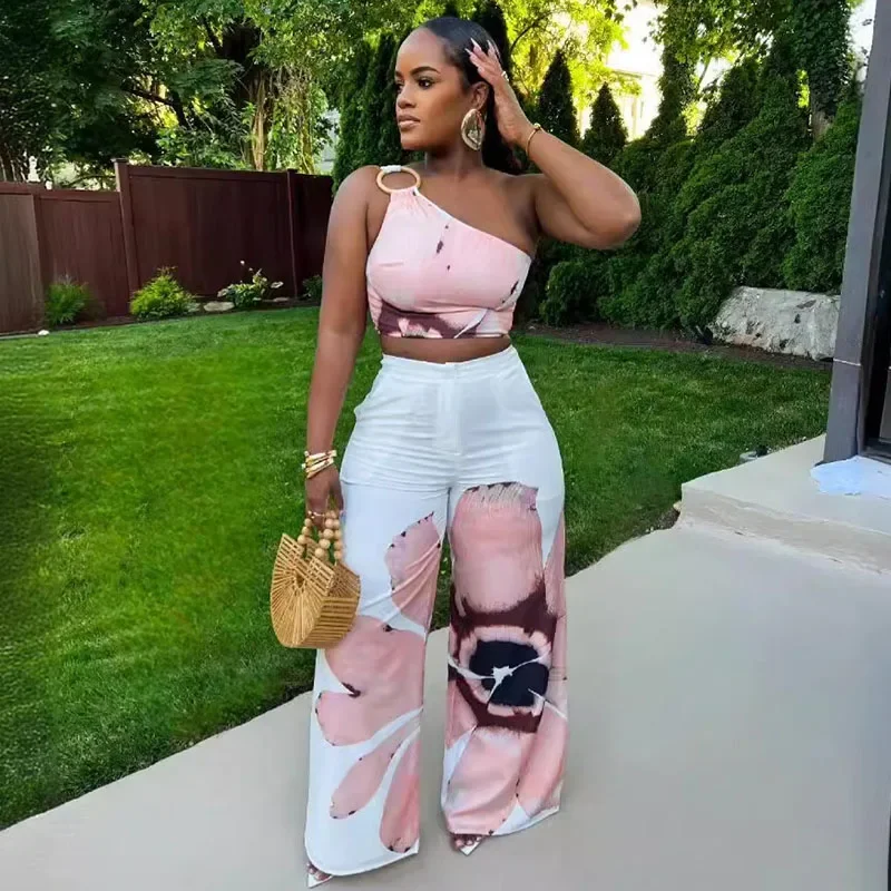 Floral Print Summer Two Piece Set Women Holiday One Shoulder Crop Top and Loose Wide Leg Pants Matching Sets Outfits Vacation - AliExpress 200000345 - Image 3