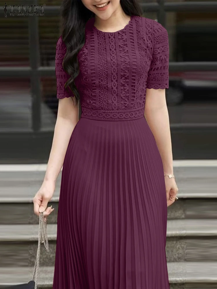 ZANZEA Elegant Summer Short Sleeve Pleated Party Sundress Fashion Women Lace Patchwork Dresses 2025 Stylish Work OL Vestidos
