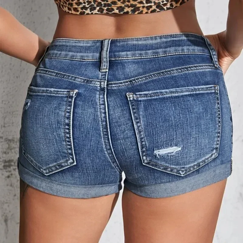 Women's Split Denim Shorts Summer Beach Wild Fashion Sexy Mid Waist Curled Cuff Perforated Elastic Slim Fit Casual Shorts - AliExpress - Image 2
