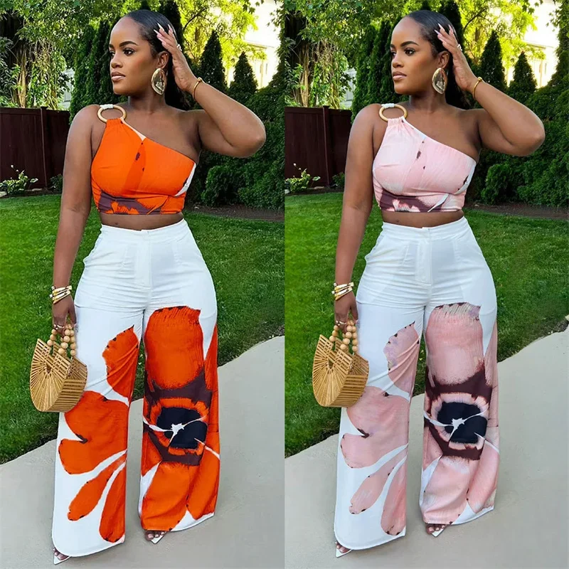 Floral Print Summer Two Piece Set Women Holiday One Shoulder Crop Top and Loose Wide Leg Pants Matching Sets Outfits Vacation - AliExpress 200000345 - Image 5