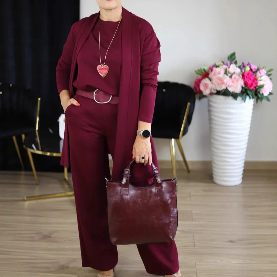 Pant Set Women Three Piece Sets Round Neck Full Sleeve Tops Mid Length Coats Wide Leg Long Pants High Waist Y2k Work 2025 - AliExpress - Image 3