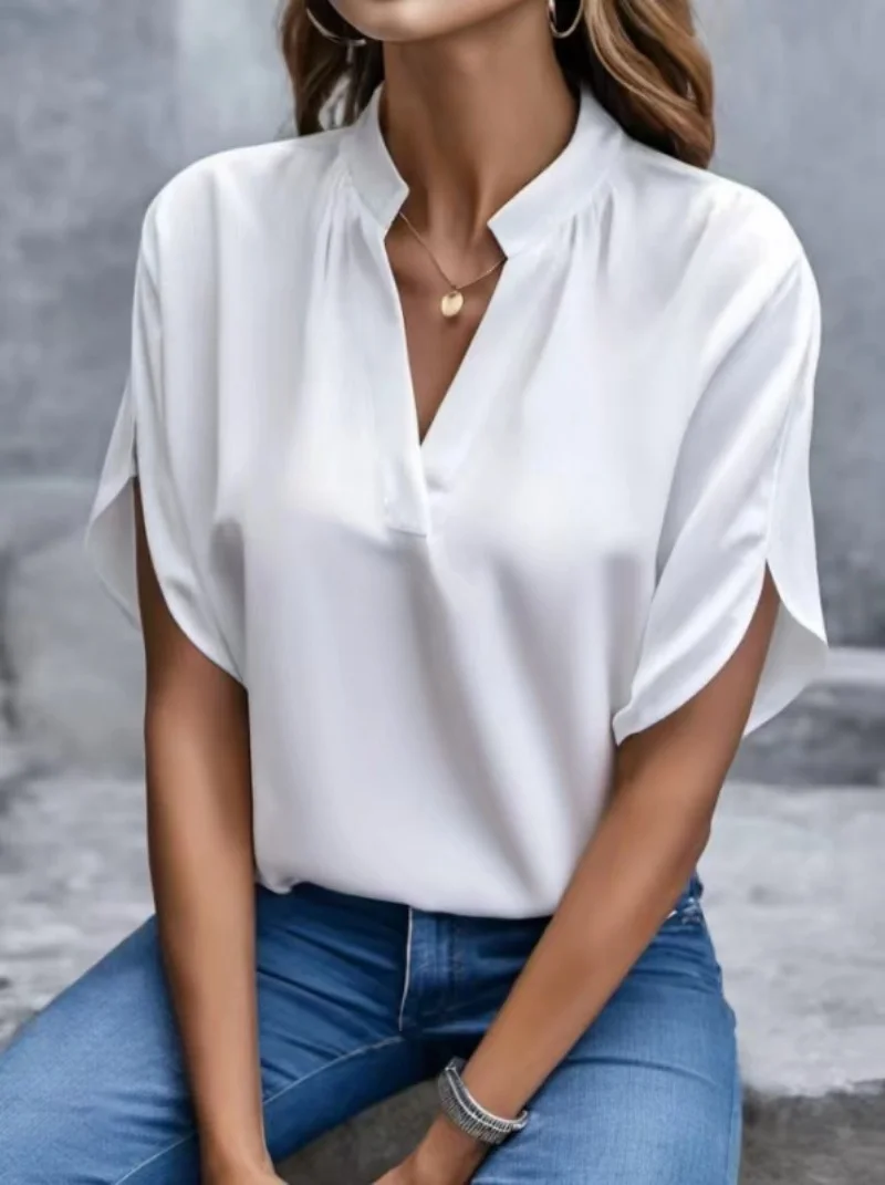 V Neck Short Sleeve Loose Blouse Women Casual Solid Color Top Office Lady Elegant Summer Shirt Plus Size Pullover Tops - AliExpress - Image 3