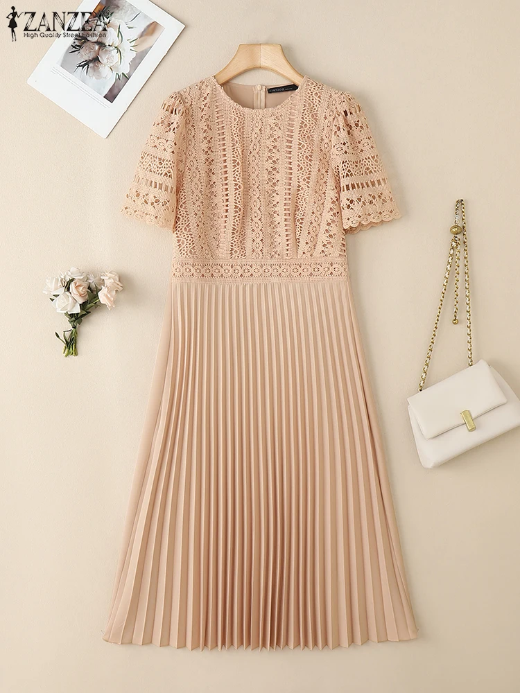 ZANZEA Elegant Summer Short Sleeve Pleated Party Sundress Fashion Women Lace Patchwork Dresses 2025 Stylish Work OL Vestidos - Image 4