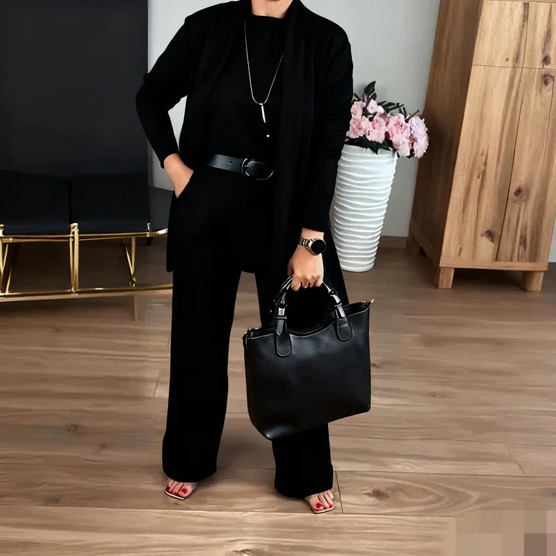 Pant Set Women Three Piece Sets Round Neck Full Sleeve Tops Mid Length Coats Wide Leg Long Pants High Waist Y2k Work 2025 - AliExpress - Image 6