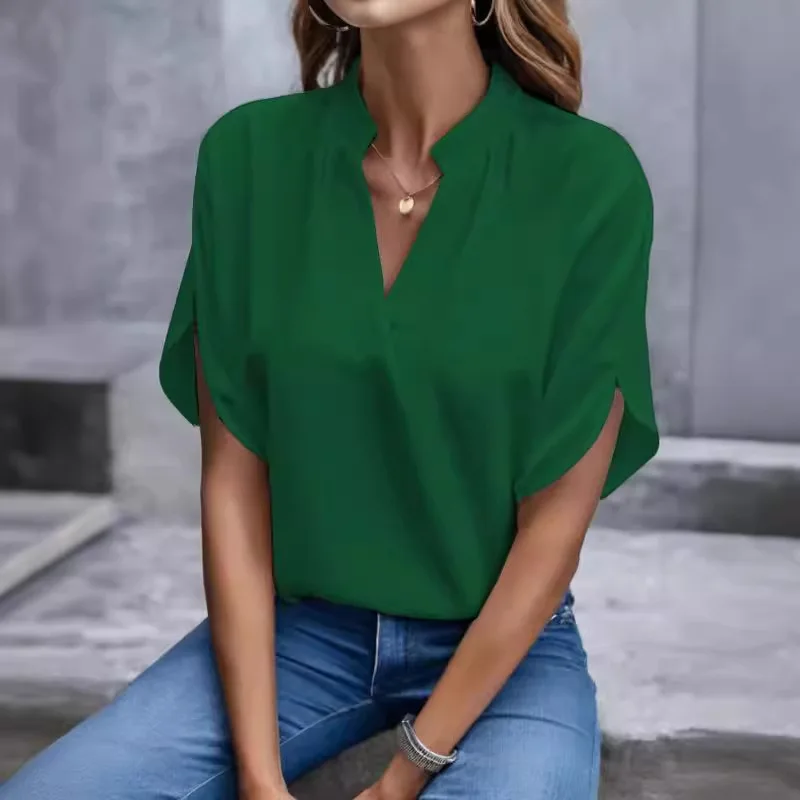 V Neck Short Sleeve Loose Blouse Women Casual Solid Color Top Office Lady Elegant Summer Shirt Plus Size Pullover Tops - AliExpress - Image 2