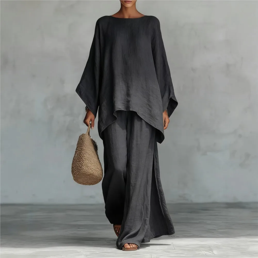 Fashion Linen Loose Long-sleeved Wide-leg Trousers 2-piece Set Women Spring New Casual Retro Elegant Female Simple Trousers Suit - AliExpress - Image 4