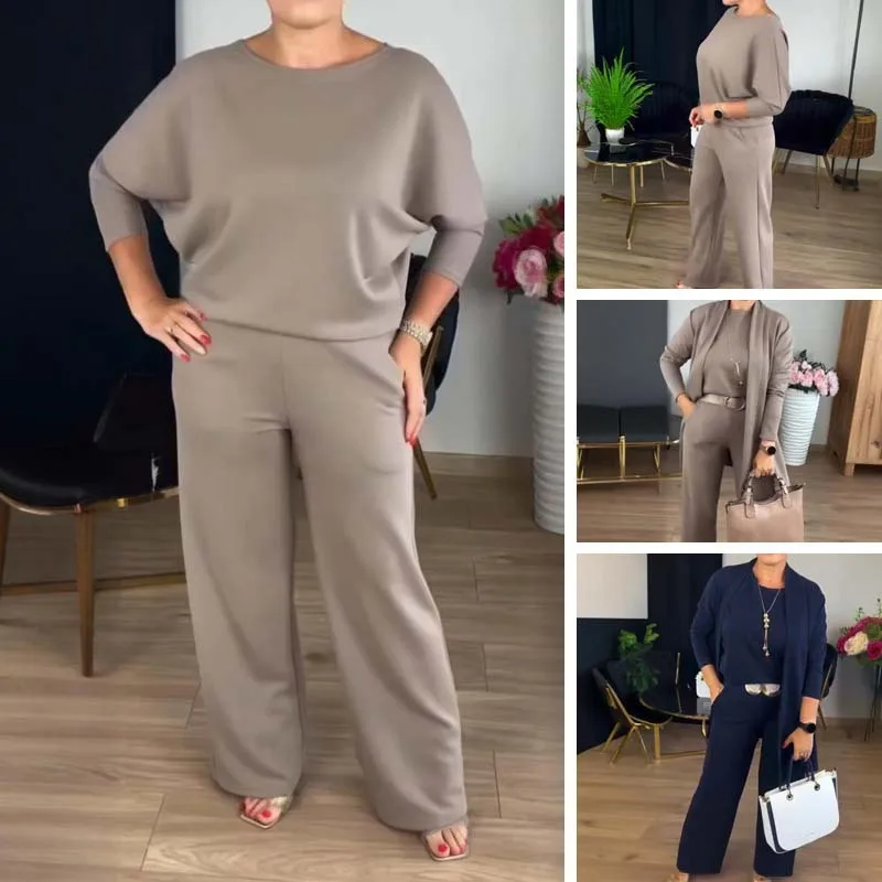 Pant Set Women Three Piece Sets Round Neck Full Sleeve Tops Mid Length Coats Wide Leg Long Pants High Waist Y2k Work 2025 - AliExpress - Image 2