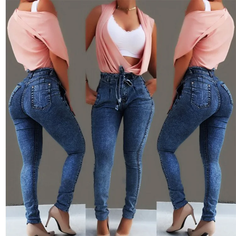 High Waist Jeans For Women Slim Stretch Denim Jean Bodycon Tassel Belt Bandage Skinny Push Up Jeans Woman clothe 4XL 5XL - AliExpress - Image 3