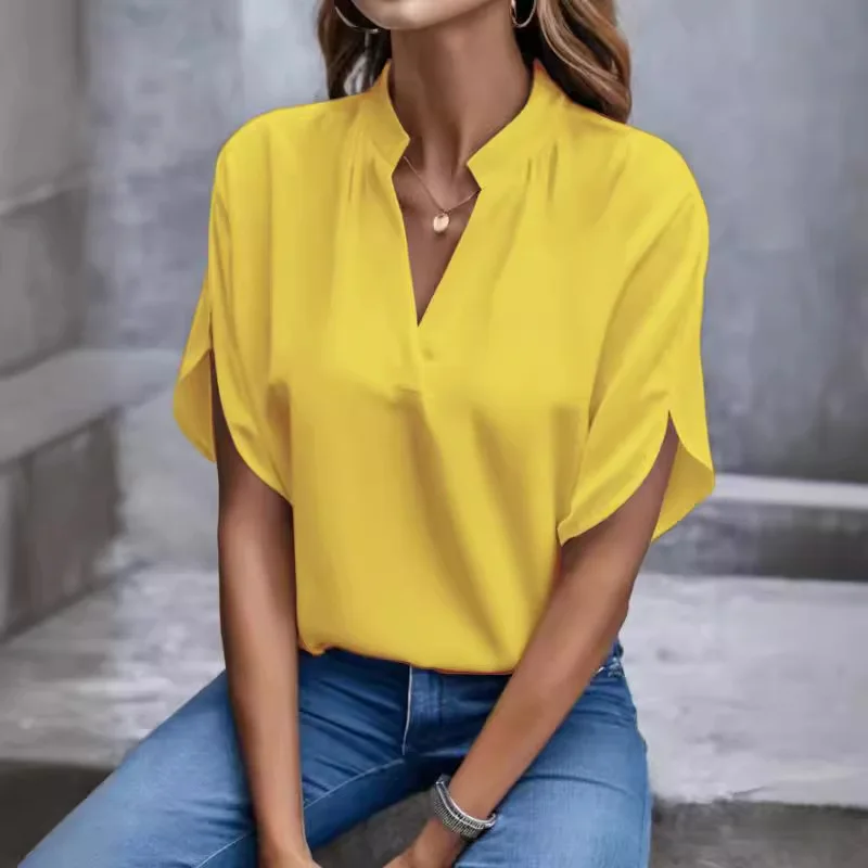 V Neck Short Sleeve Loose Blouse Women Casual Solid Color Top Office Lady Elegant Summer Shirt Plus Size Pullover Tops - AliExpress