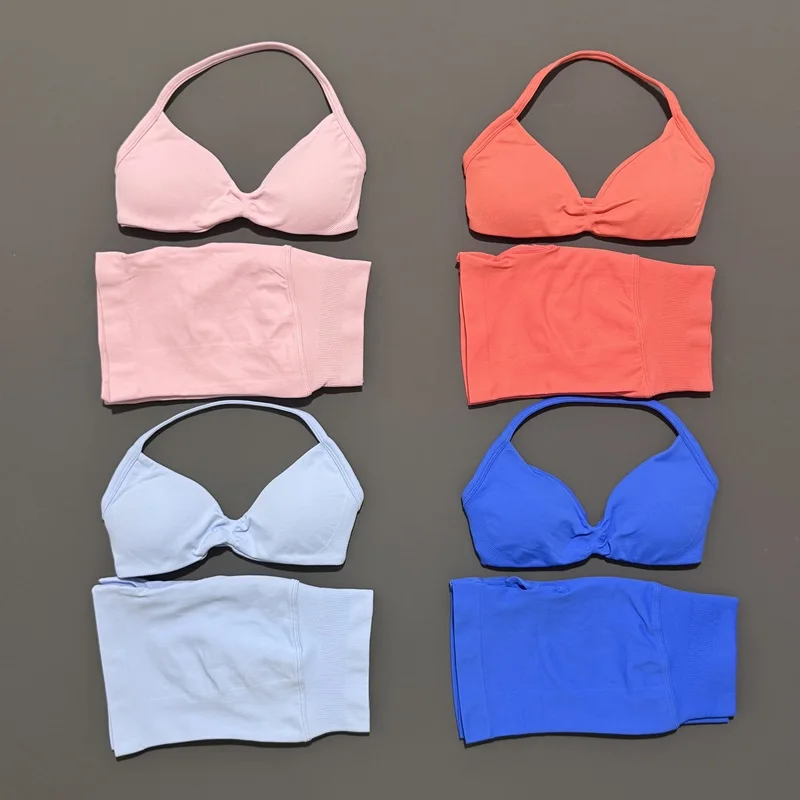 HISTELLO Gym Set 2 Piece Women Strappy Yoga Bra Top Workout Scrunch Shorts Sports Suit Fitness Clothes Seamless Yoga Set - AliExpress 200000345 - Image 3