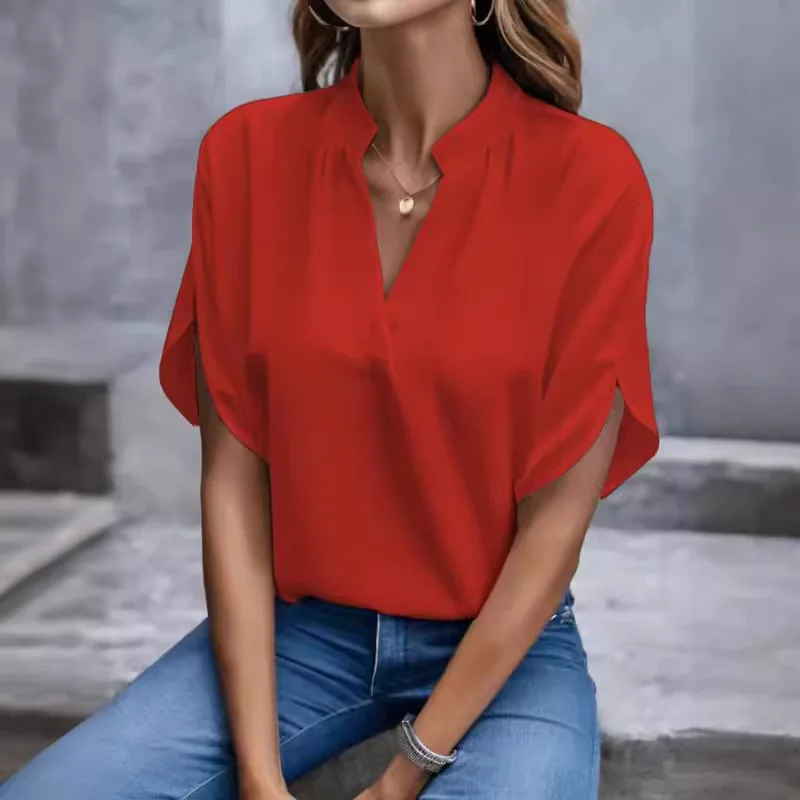 V Neck Short Sleeve Loose Blouse Women Casual Solid Color Top Office Lady Elegant Summer Shirt Plus Size Pullover Tops - AliExpress - Image 4