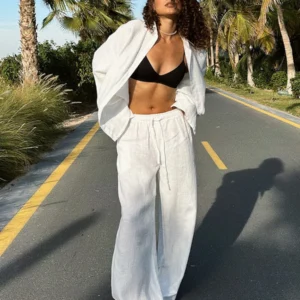 Bornladies Cotton Casual Pants Sets Women's Solid Color Cozy Lapel Long Sleeve Shirt Summer Outfit Elastic Waist Pants Suits - AliExpress