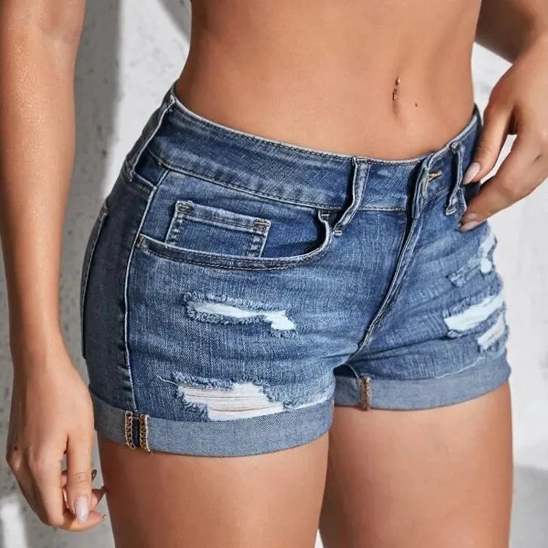 Women's Split Denim Shorts Summer Beach Wild Fashion Sexy Mid Waist Curled Cuff Perforated Elastic Slim Fit Casual Shorts - AliExpress
