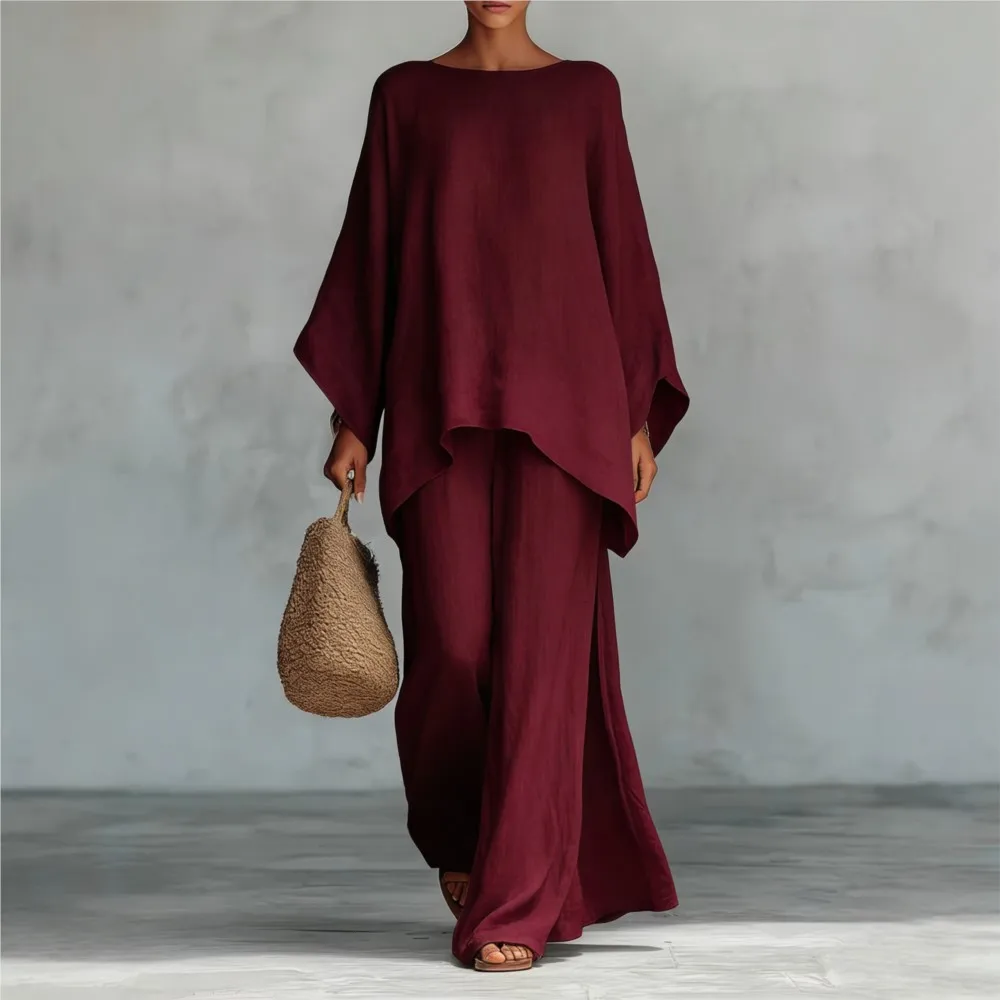 Fashion Linen Loose Long-sleeved Wide-leg Trousers 2-piece Set Women Spring New Casual Retro Elegant Female Simple Trousers Suit - AliExpress - Image 3
