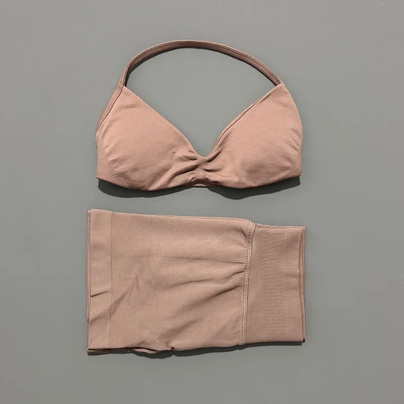 HISTELLO Gym Set 2 Piece Women Strappy Yoga Bra Top Workout Scrunch Shorts Sports Suit Fitness Clothes Seamless Yoga Set - AliExpress 200000345 - Image 6
